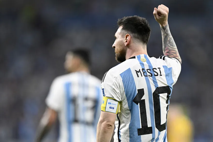 Argentina's Lionel Messi celebrates after he scored his team's first goal against Australia.