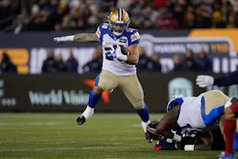 Winnipeg Blue Bombers running back Brady Oliveira runs against the Montreal Alouettes during the first quarter of the 110th Grey Cup game at Tim Hortons Field. We're backing Winnipeg in our Blue Bombers vs. Redblacks Prediction. 