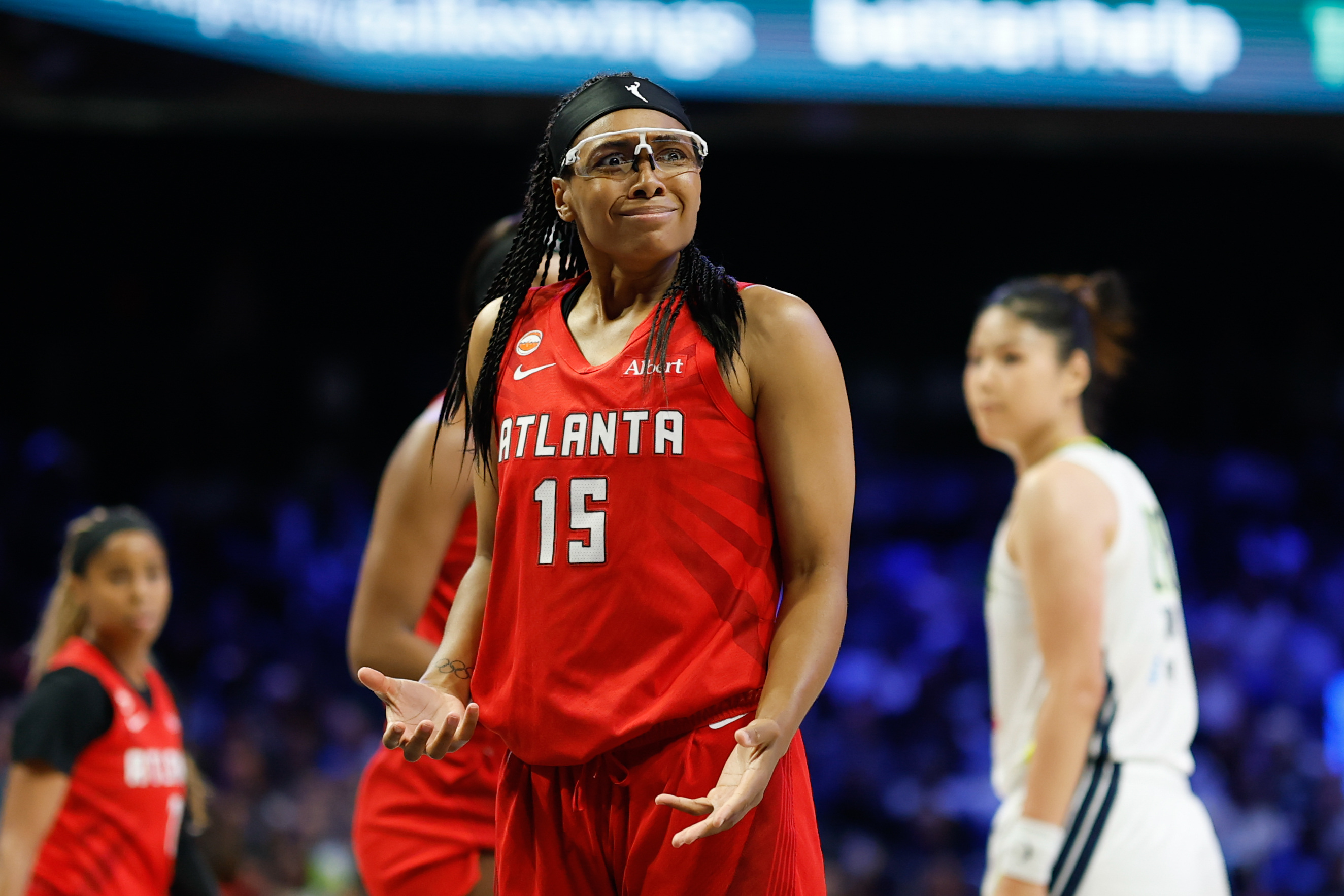 Atlanta Dream guard Allisha Gray (15), seen here reacting after a play, is featured in our Tempo vs. Dream prediction.