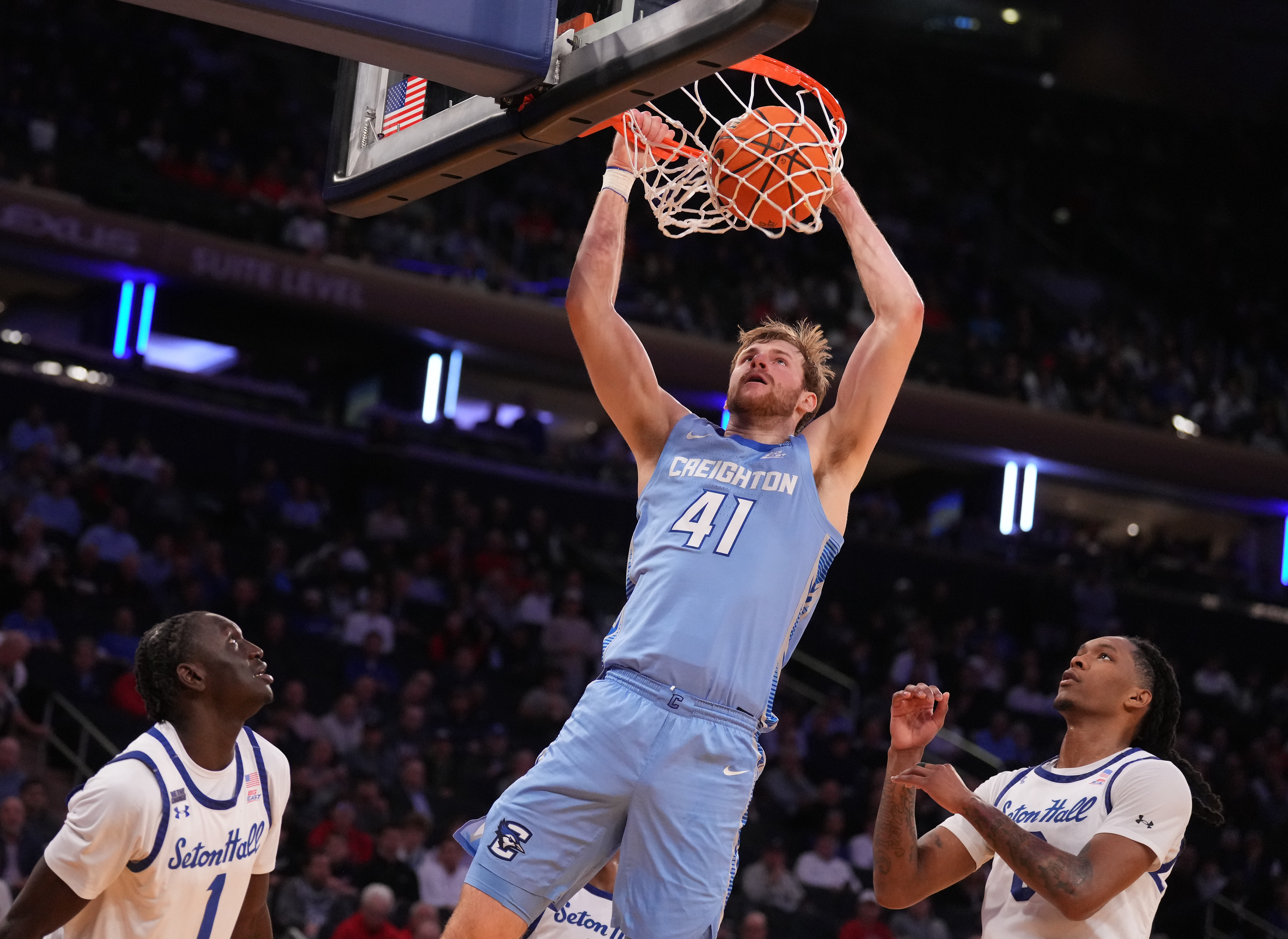  Creighton Bluejays forward Isaac Traudt dunks as we make our best Rutgers vs. Creighton prediction.