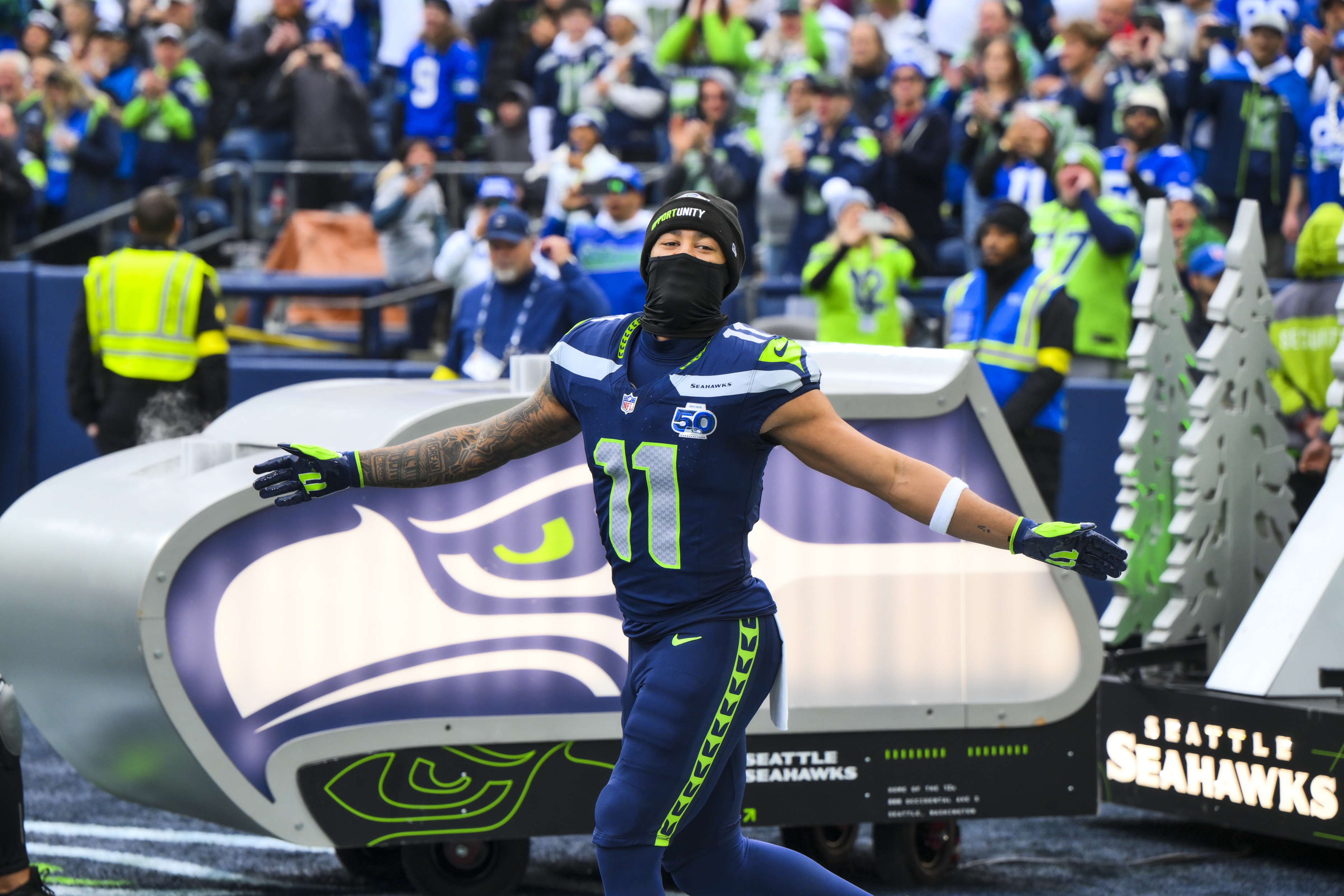 Seattle Seahawks wide receiver Jaxon Smith-Njigba exits the tunnel during player introductions as we make our NFL Upset Picks Week 16.