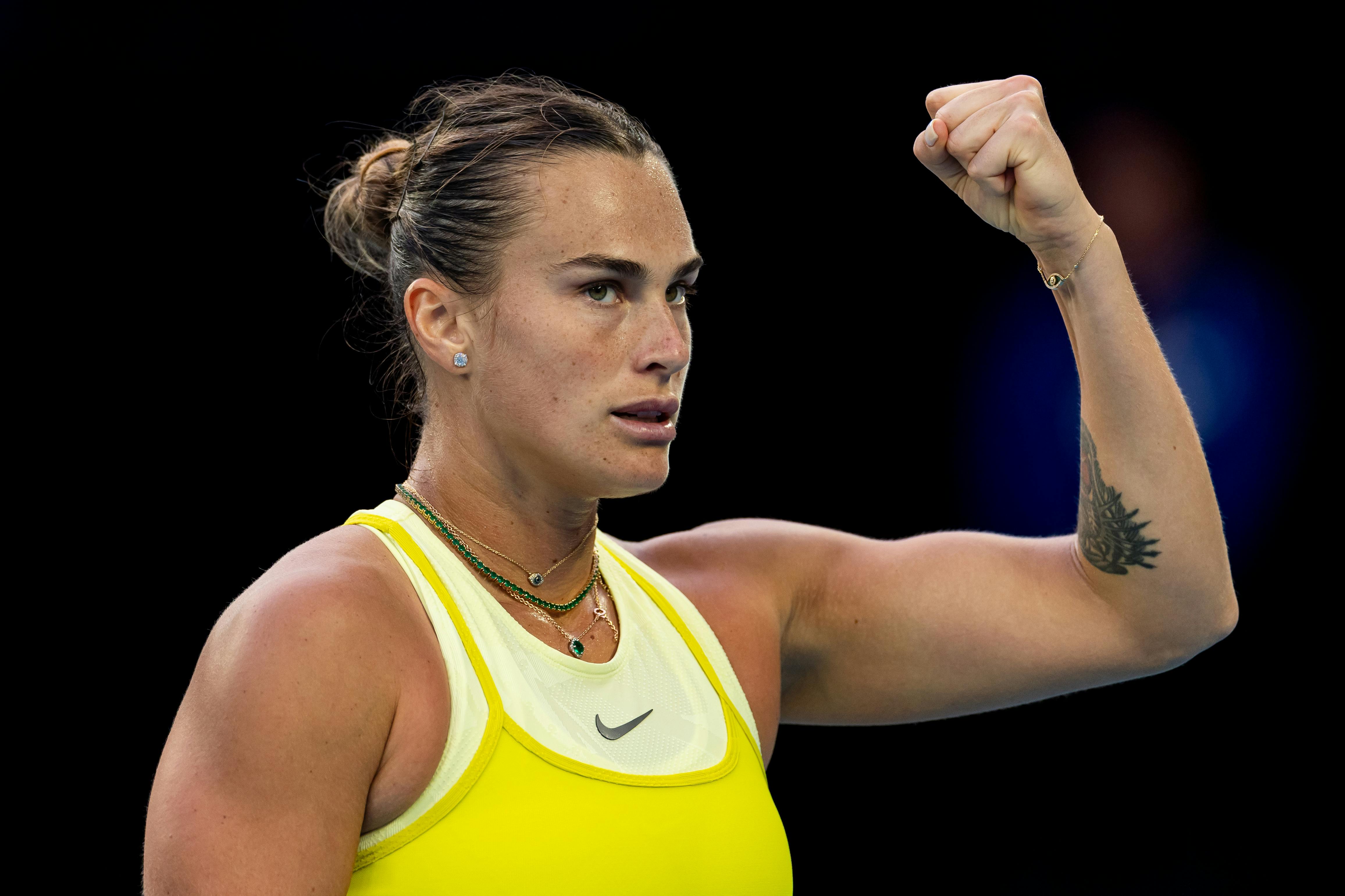 Aryna Sabalenka celebrates during against Anastasia Pavlyuchenkova in the quarterfinals as we analyze the 2025 Australian Open odds. 