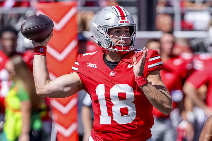 Ohio State Buckeyes quarterback Will Howard drops to throw during the first quarter against the Marshall Thundering Herd at Ohio Stadium as we look at our Ohio State vs. Michigan State prediction.