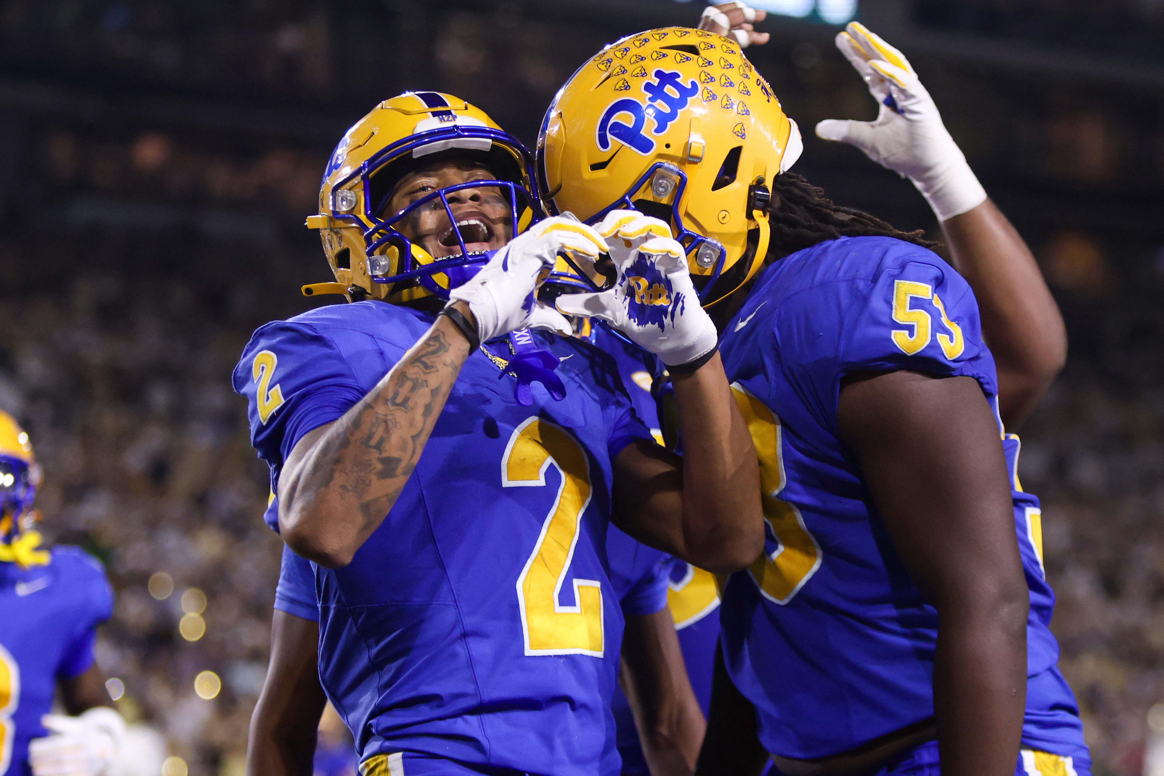 Pittsburgh wide receiver Kenny Johnson (2) celebrates after a touchdown as we offer our Pittsburgh vs. East Carolina player props today for the Military Bowl.