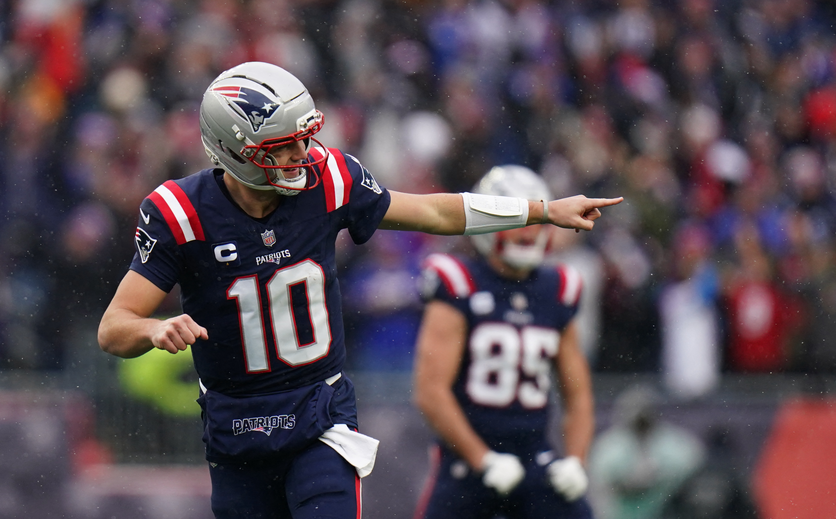 New England Patriots quarterback Drake Maye (10) reacts after a touchdown against the Buffalo Bills at Gillette Stadium.