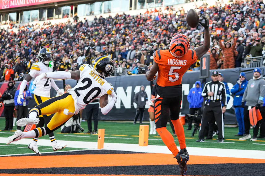 Cincinnati Bengals wide receiver Tee Higgins leaps to catch the ball against the Pittsburgh Steelers, and we're offering our top anytime touchdown scorer predictions for MNF.