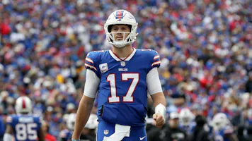 Josh Allen of the Buffalo Bills walks onto the field against the Pittsburgh Steelers during the first quarter, and we provide new U.S. bettors with our exclusive BetMGM bonus code for NFL Week 2.