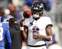 Lamar Jackson of the Baltimore Ravens warms up prior to the game against the New York Giants. 