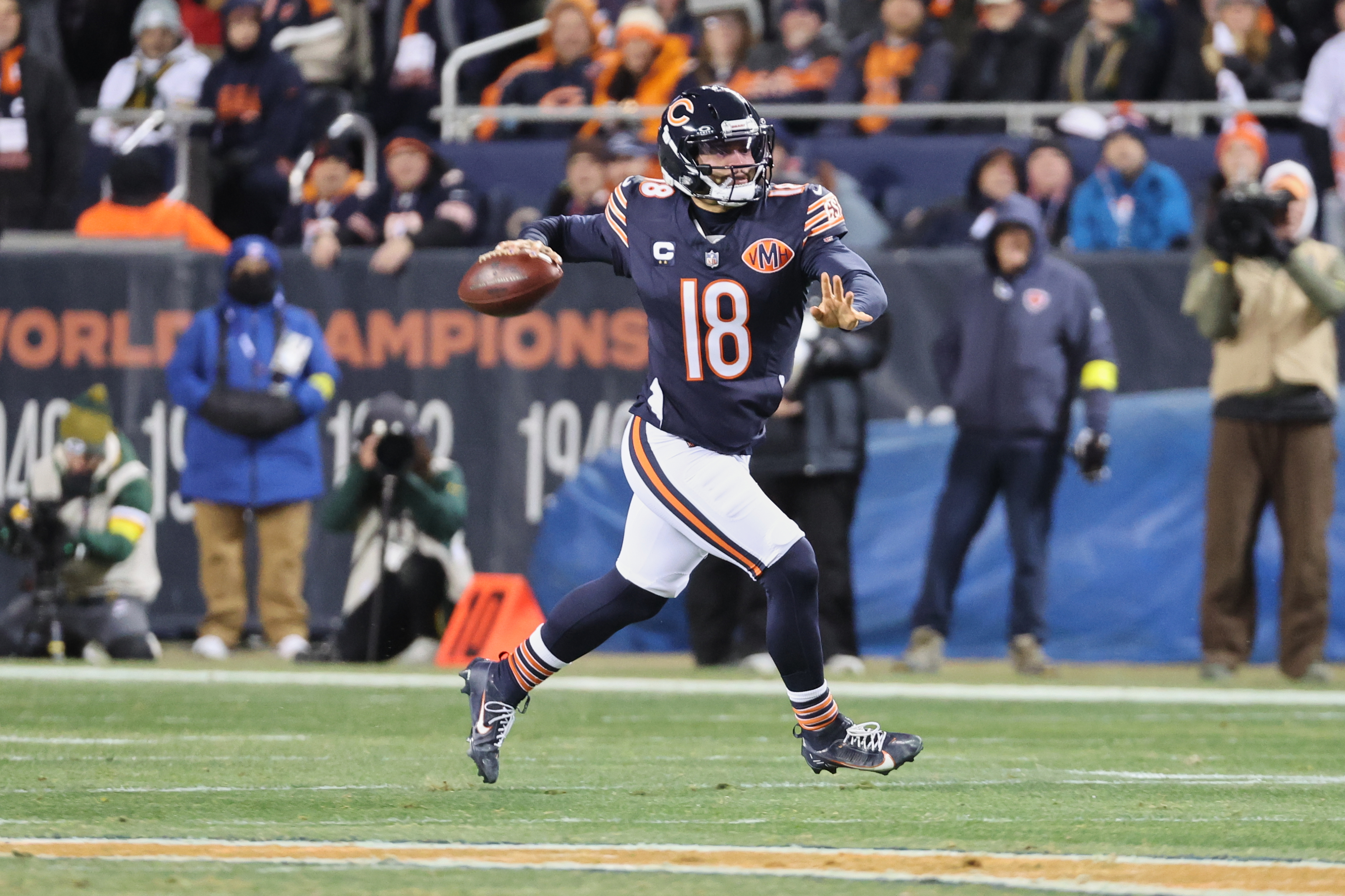Chicago Bears quarterback Caleb Williams (18) looks to throw as he is featured in our Bears vs. 49ers predictions.