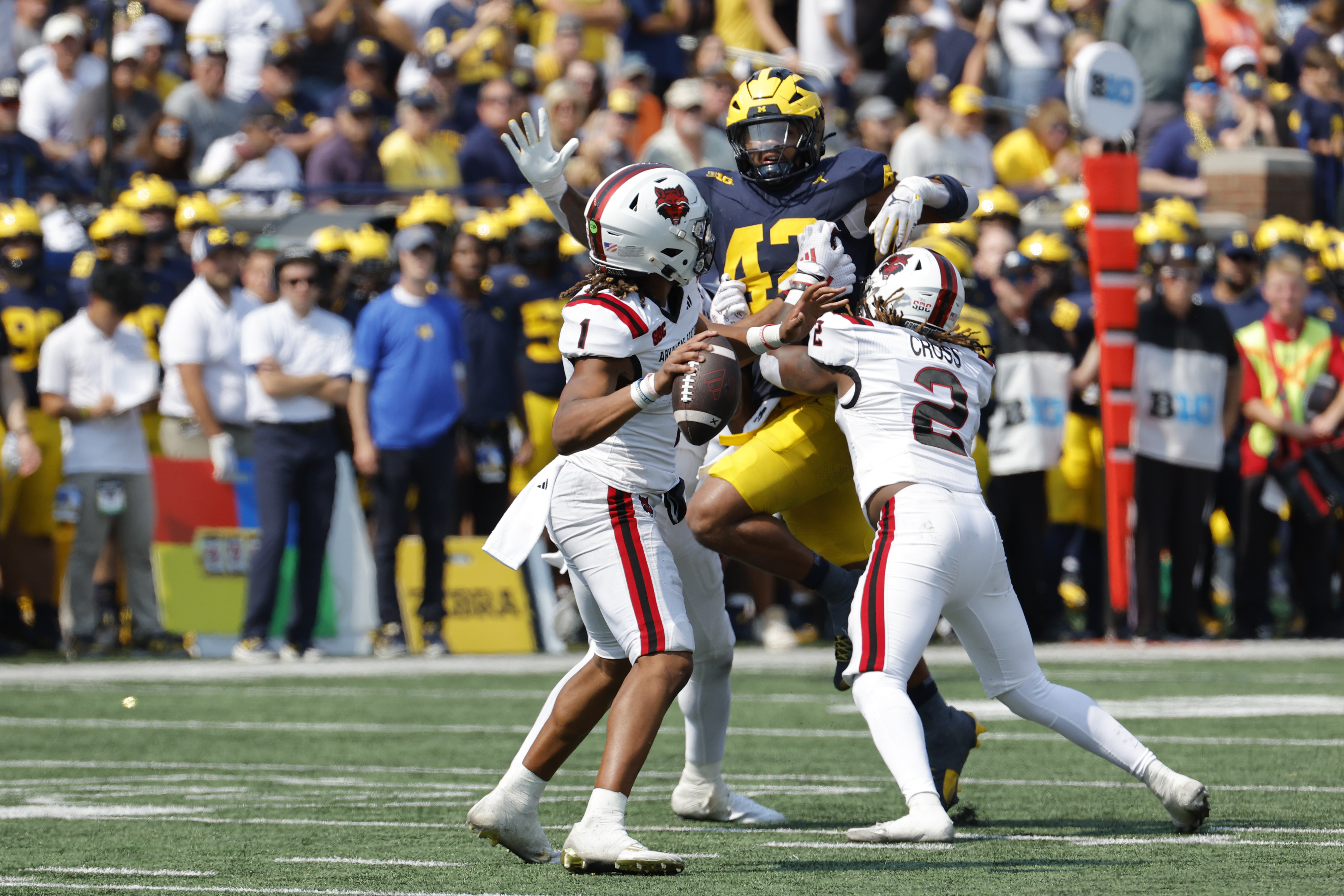 Arkansas State Red Wolves quarterback Jaylen Raynor (1) throws as part of our Missouri State vs. Arkansas State predictions.