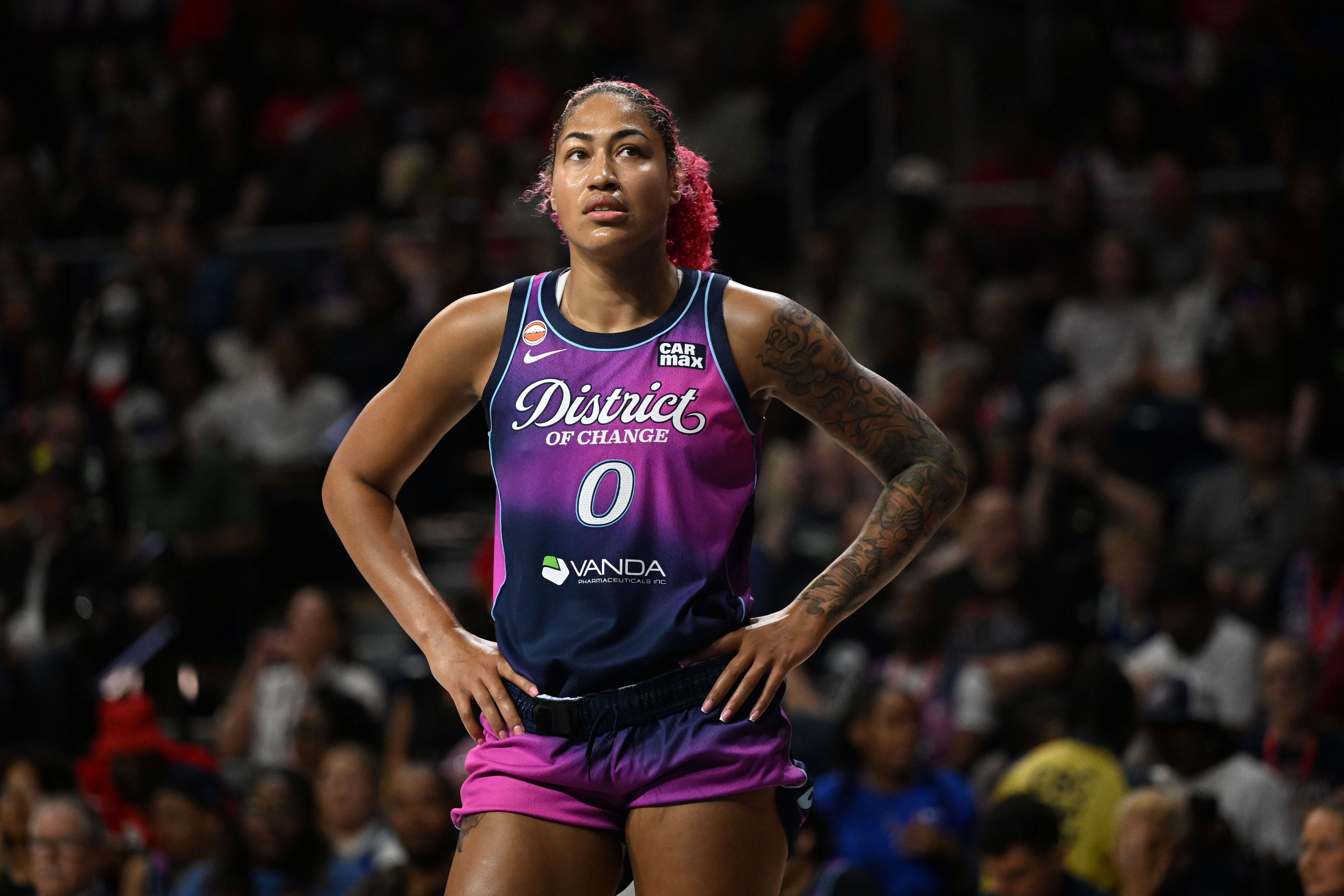 Washington Mystics center Shakira Austin (0) looks on as we break down our Dream vs. Mystics prediction.