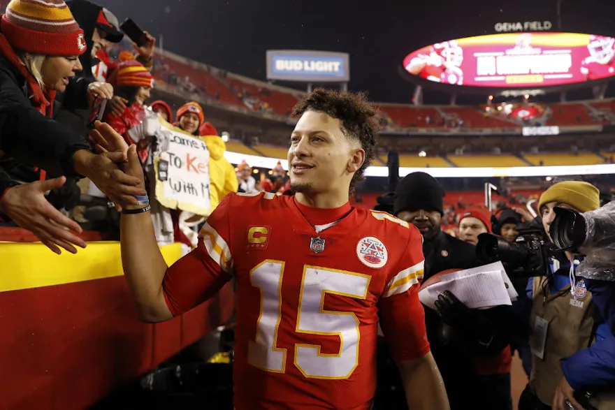 Patrick Mahomes of the Kansas City Chiefs celebrates with fans after defeating the Jacksonville Jaguars in the AFC divisional playoff game.