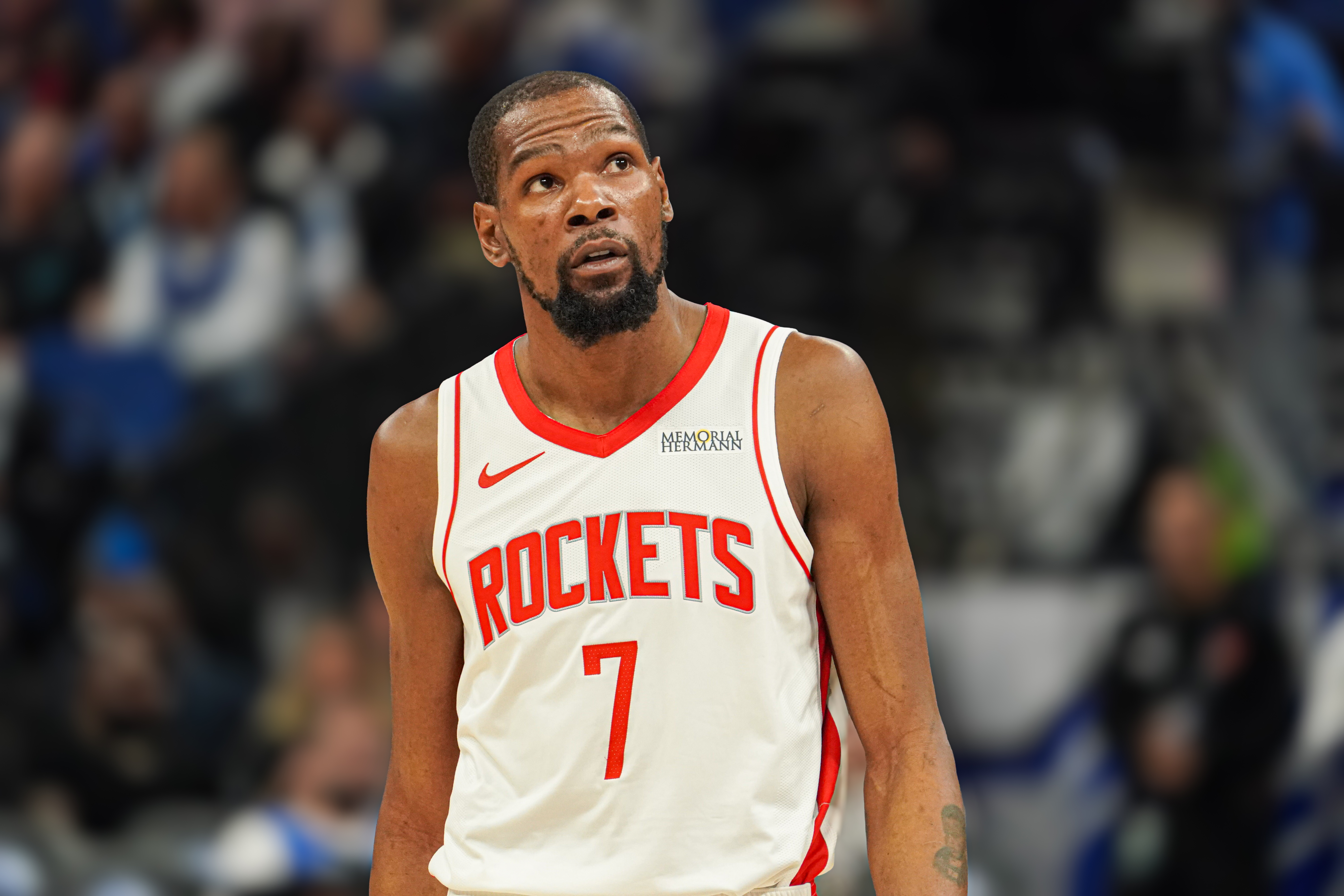 Houston Rockets forward Kevin Durant (7), seen here looking on during a game, is featured in our NBA player props today.