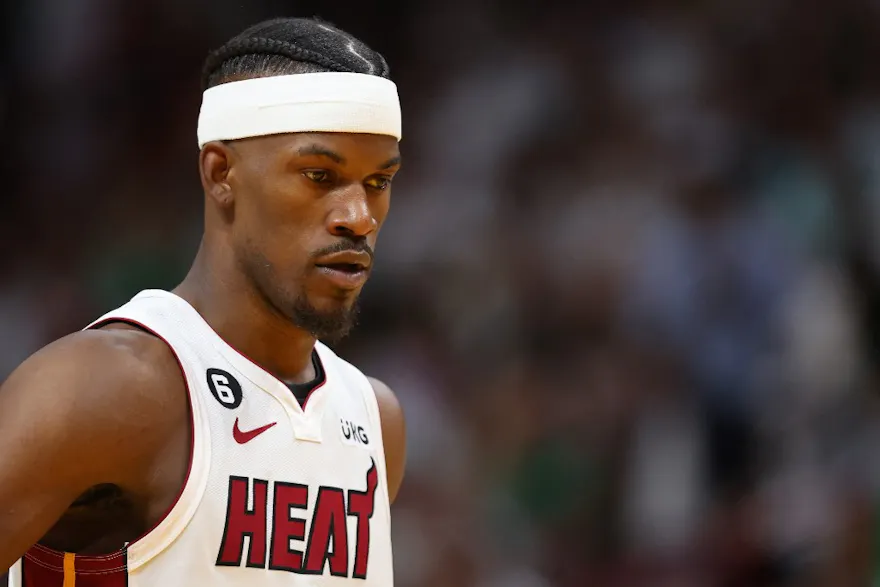 Jimmy Butler of the Miami Heat looks on against the Boston Celtics as we make our Heat-Nuggets prediction.