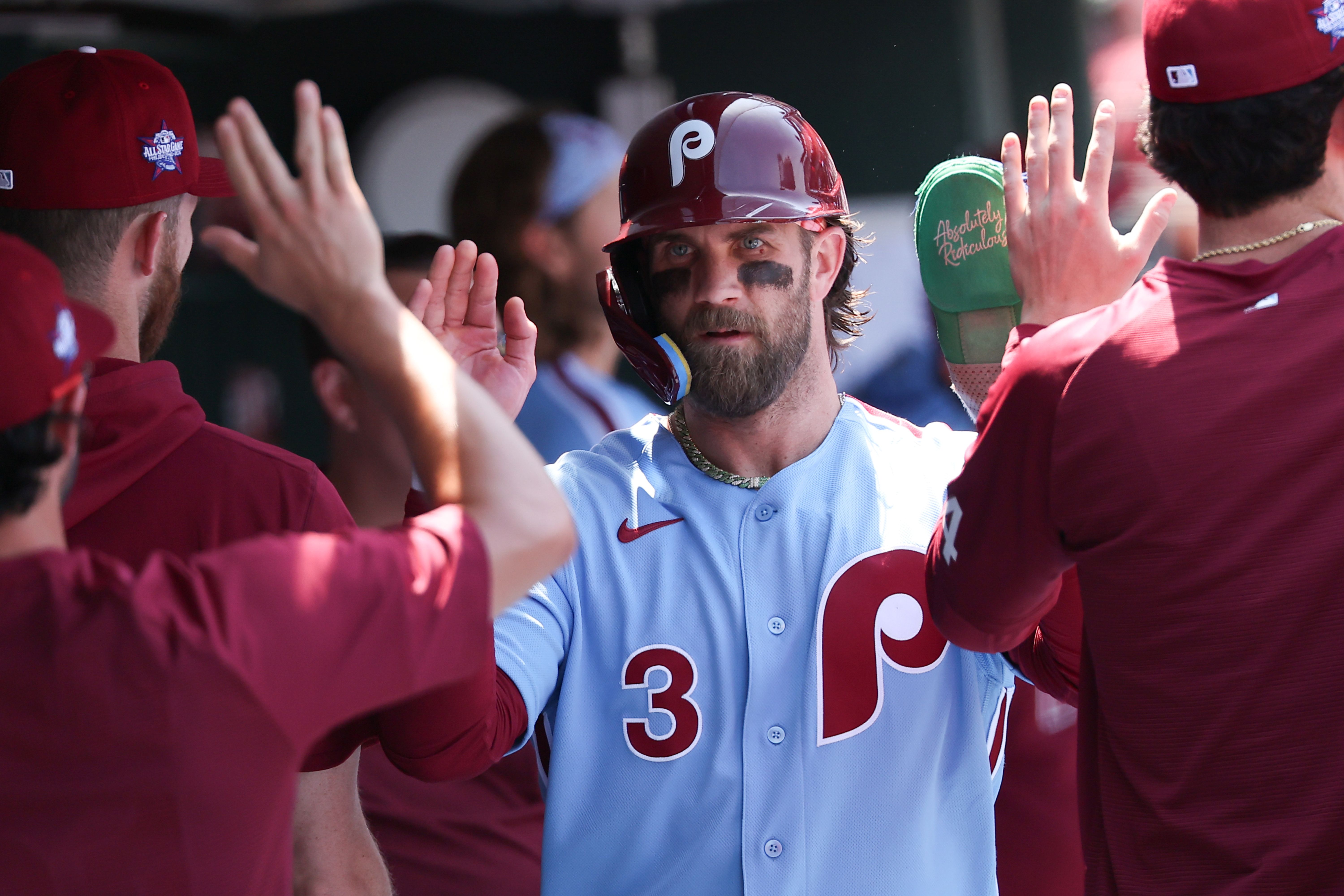 Philadelphia Phillies first baseman Bryce Harper high-fives, and he's featured in my home run predictions today.