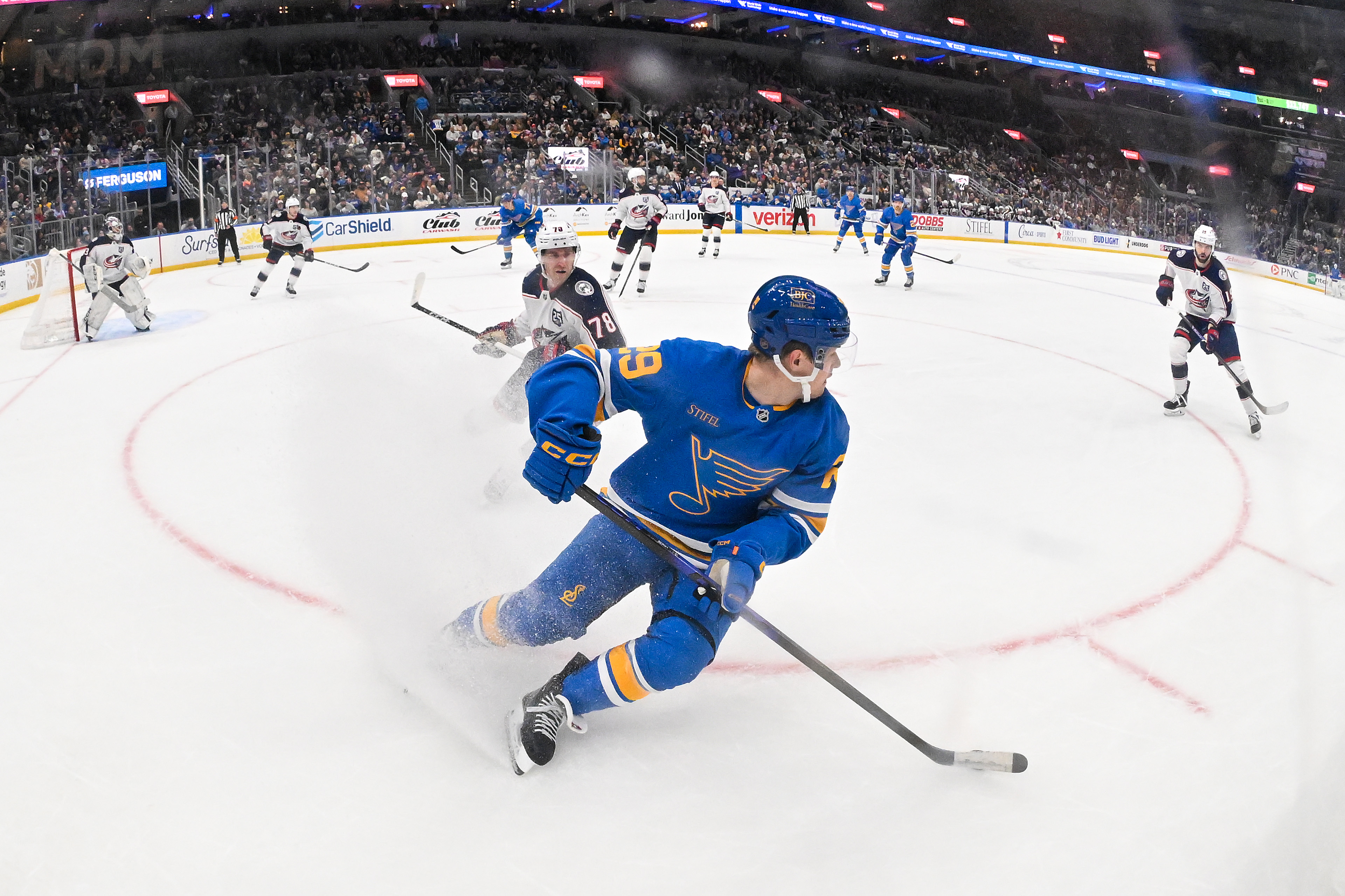 St. Louis Blues right wing Jonatan Berggren controls the puck as we look at the sports betting financials for Missouri's first month, December.