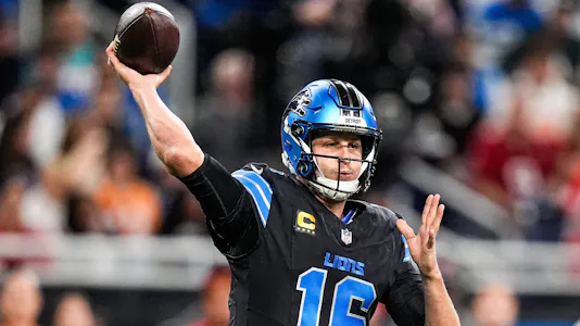 Jared Goff - who's featured in our Sunday Same Game Parlay for Week 9 - makes a pass against Tampa Bay Buccaneers.