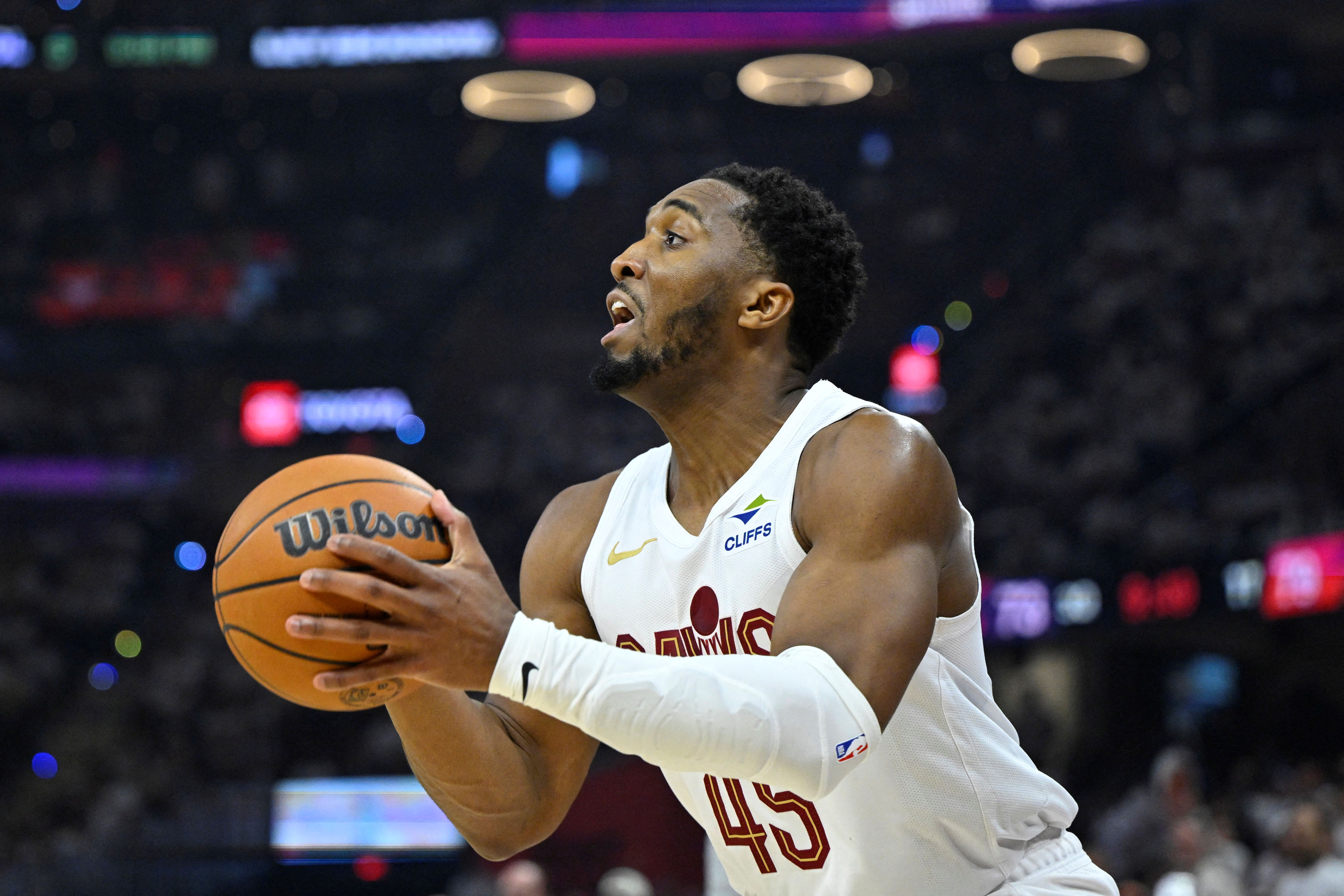 Cleveland Cavaliers guard Donovan Mitchell (45), seen here looking at the basket during a game, is featured in our Cavaliers vs. Pistons player props for Game 2 today.