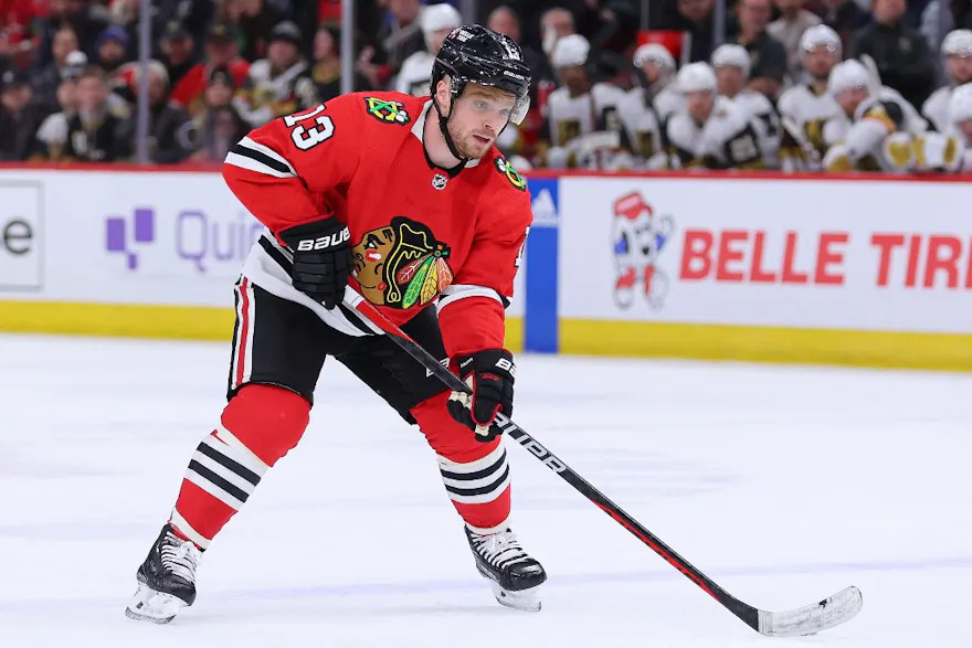 Max Domi #13 of the Chicago Blackhawks is our featured target in Tuesday's NHL shot parlay picks.