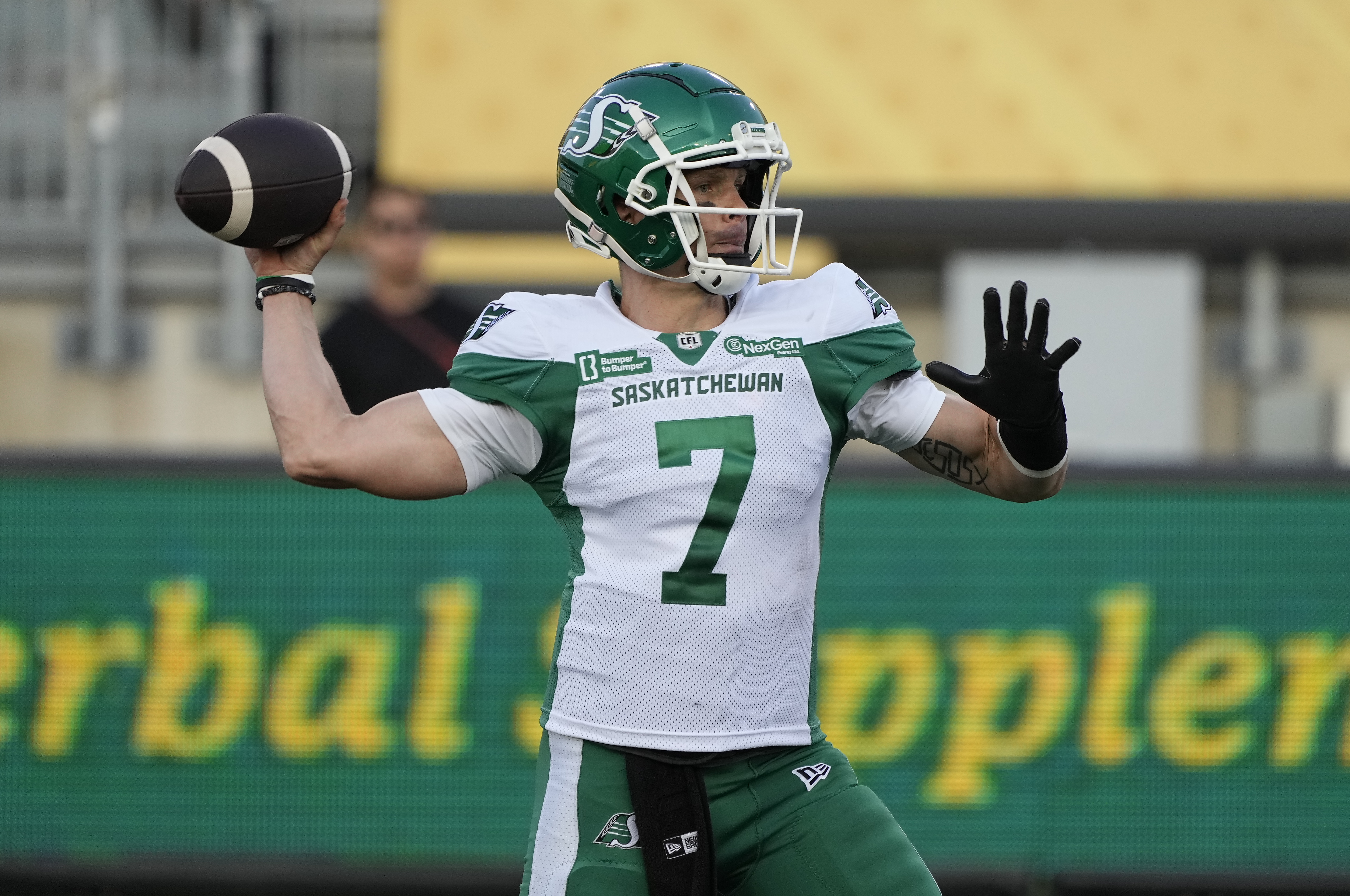 Saskatchewan Roughriders quarterback Trevor Harris (7) - who is featured in our Alouettes vs. Roughriders player prop bets for the CFL's 112th Grey Cup - throws a pass.