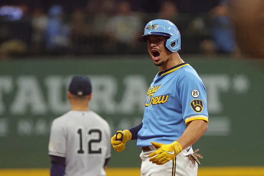 Willy Adames #27 of the Milwaukee Brewers reacts to an RBI double during the fourth inning against the New York Yankees at American Family Field on Sept. 16.