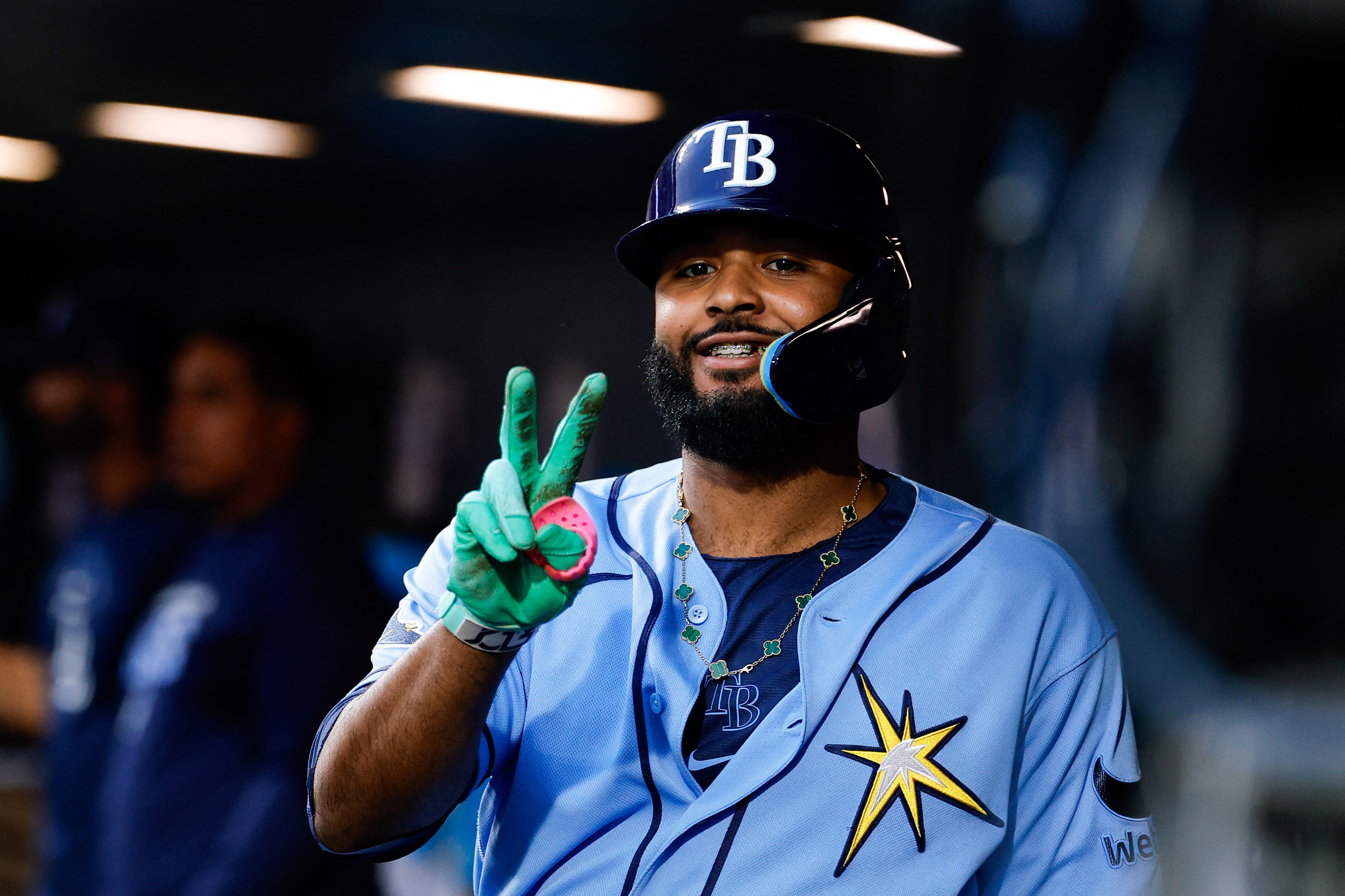 Tampa Bay Rays third baseman Junior Caminero (13) gestures as we break down our home run predictions today.