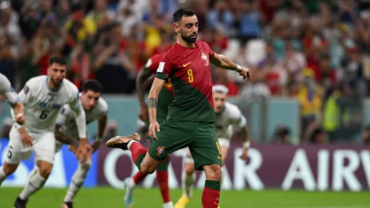 Bruno Fernandes scores his team's second goal during the Qatar 2022 World Cup Group H soccer match between Portugal and Uruguay at Lusail Stadium on Nov. 28, 2022 in Lusail, Quatar.