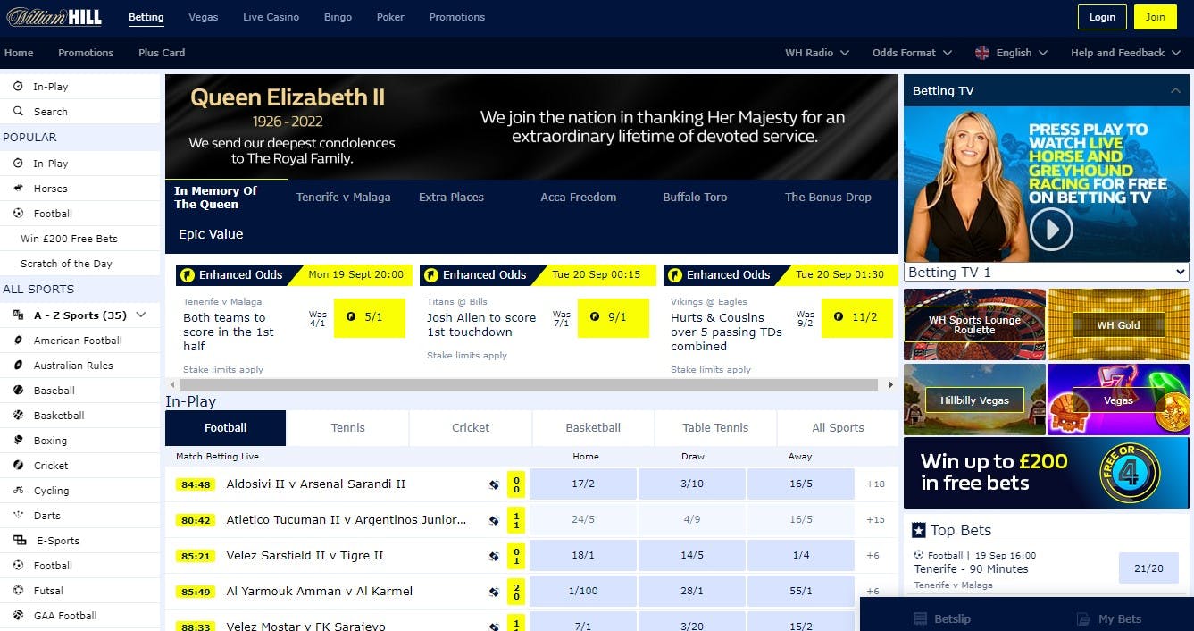 William Hill Sportsbook home page<br>