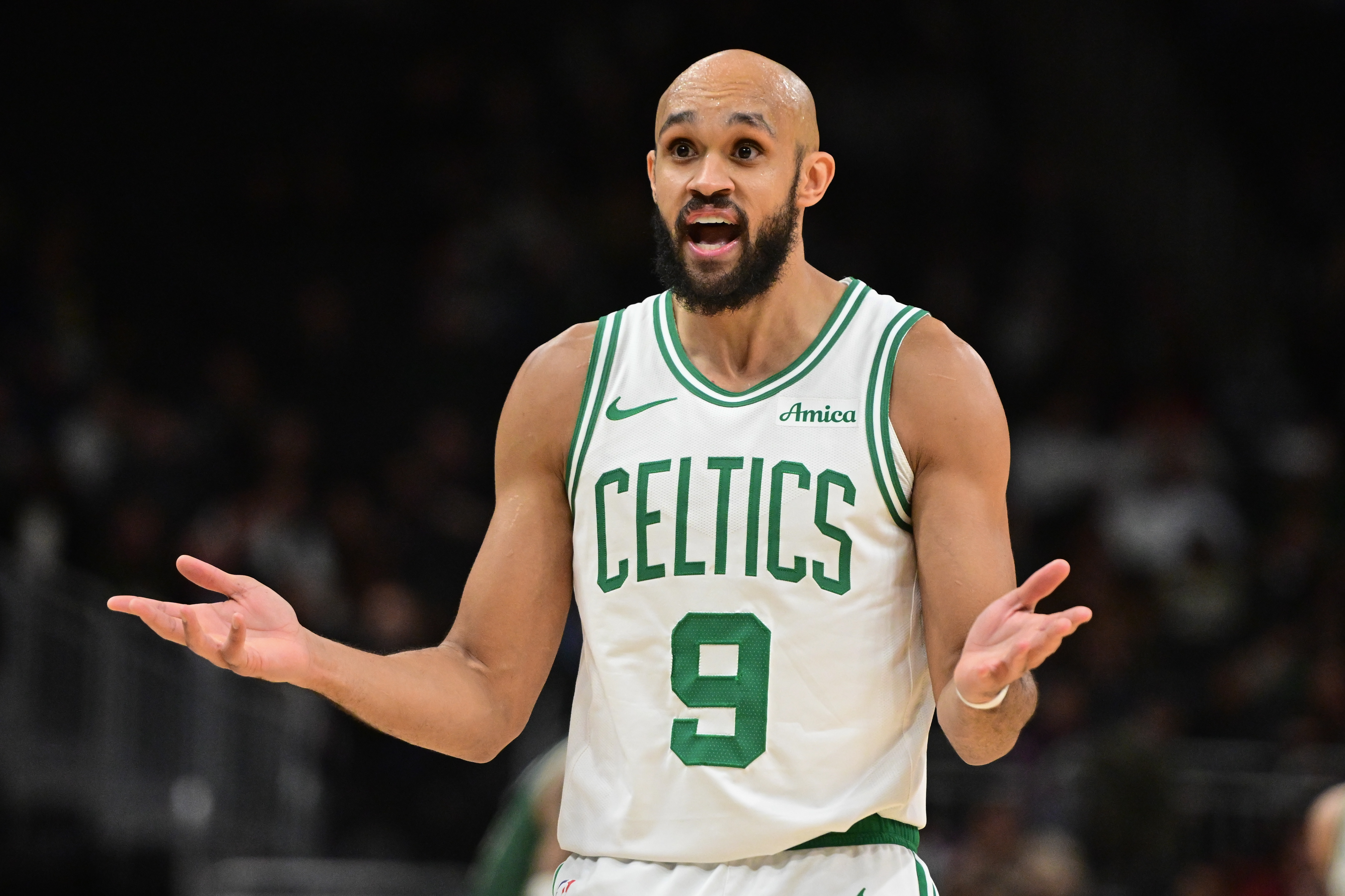 Boston Celtics guard Derrick White (9), seen here reacting, leads my Pacers vs. Celtics player props.