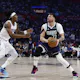 Luka Doncic of the Dallas Mavericks and Terance Mann of the LA Clippers during Game 5 of the Western Conference playoffs. We're backing Doncic in our Clippers vs. Mavericks player props. 