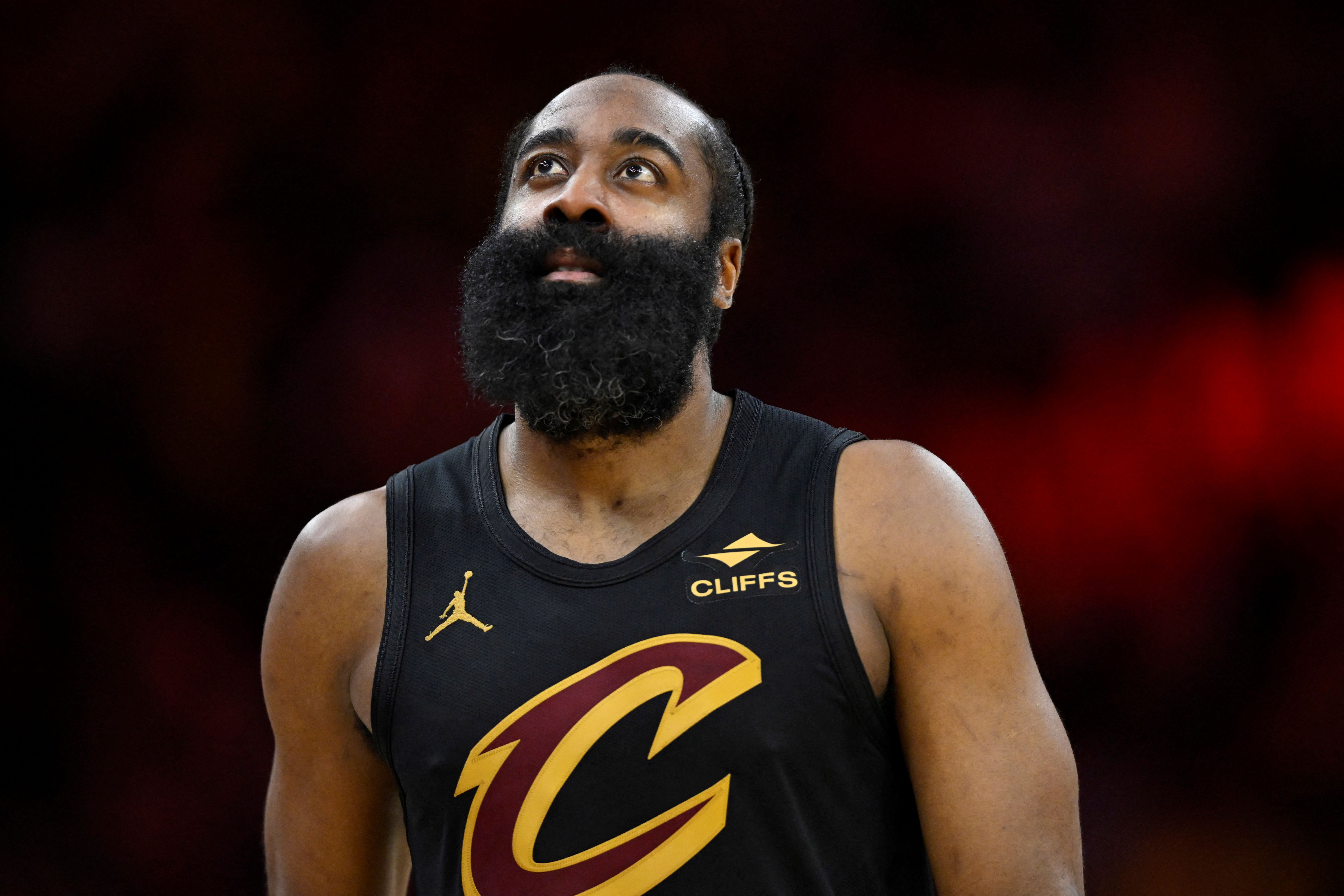 Cleveland Cavaliers guard James Harden (1), seen here standing on the court, is featured in our Cavaliers vs. Mavericks player props today.