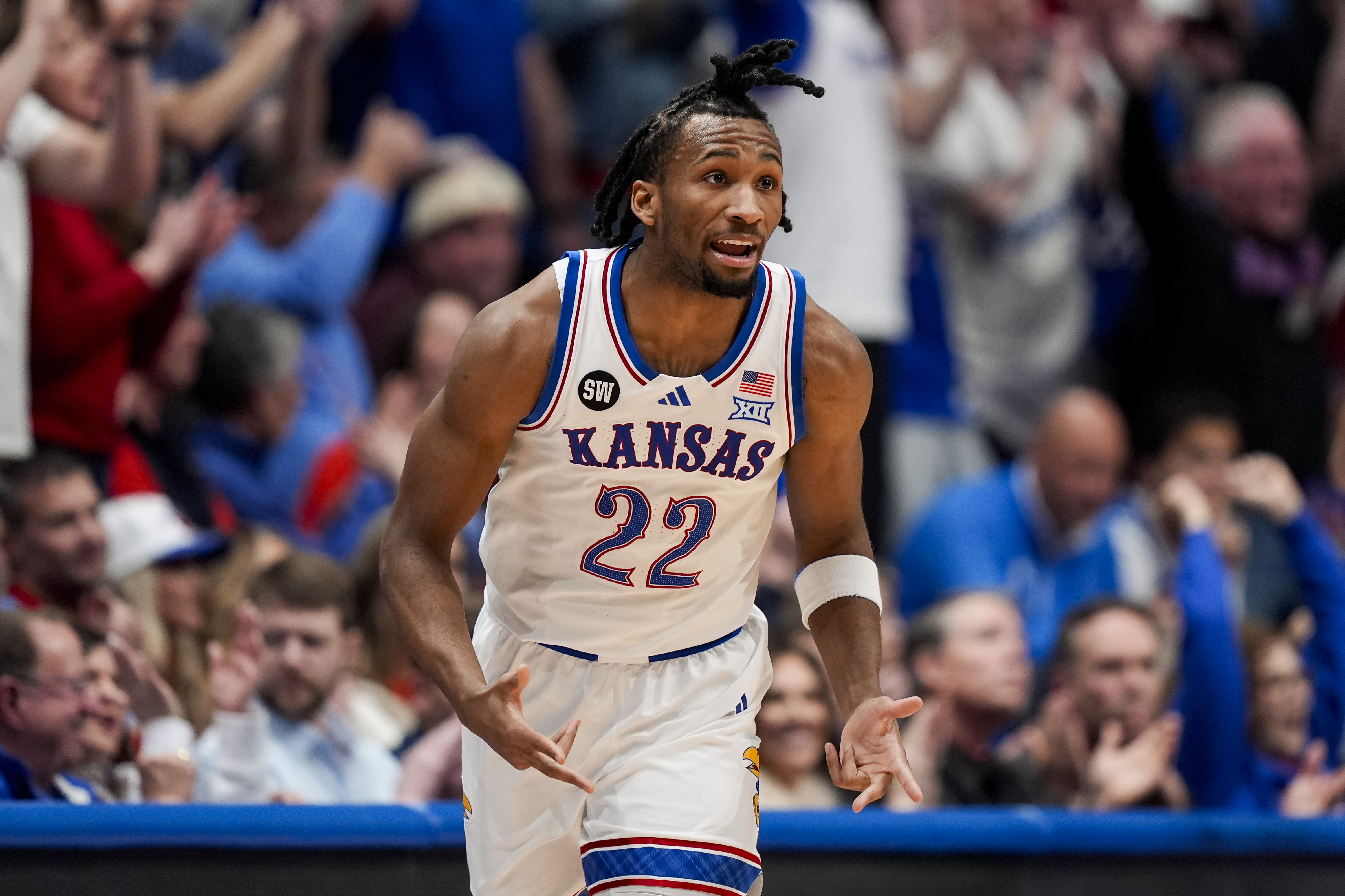 Kansas guard Darryn Peterson (22) is the focus of our college basketball predictions today. 