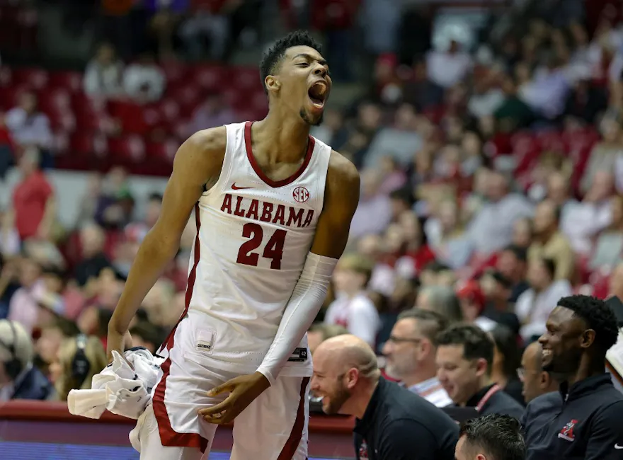Brandon Miller of the Alabama Crimson Tide shows his excitement late in the second half against the Florida Gators.