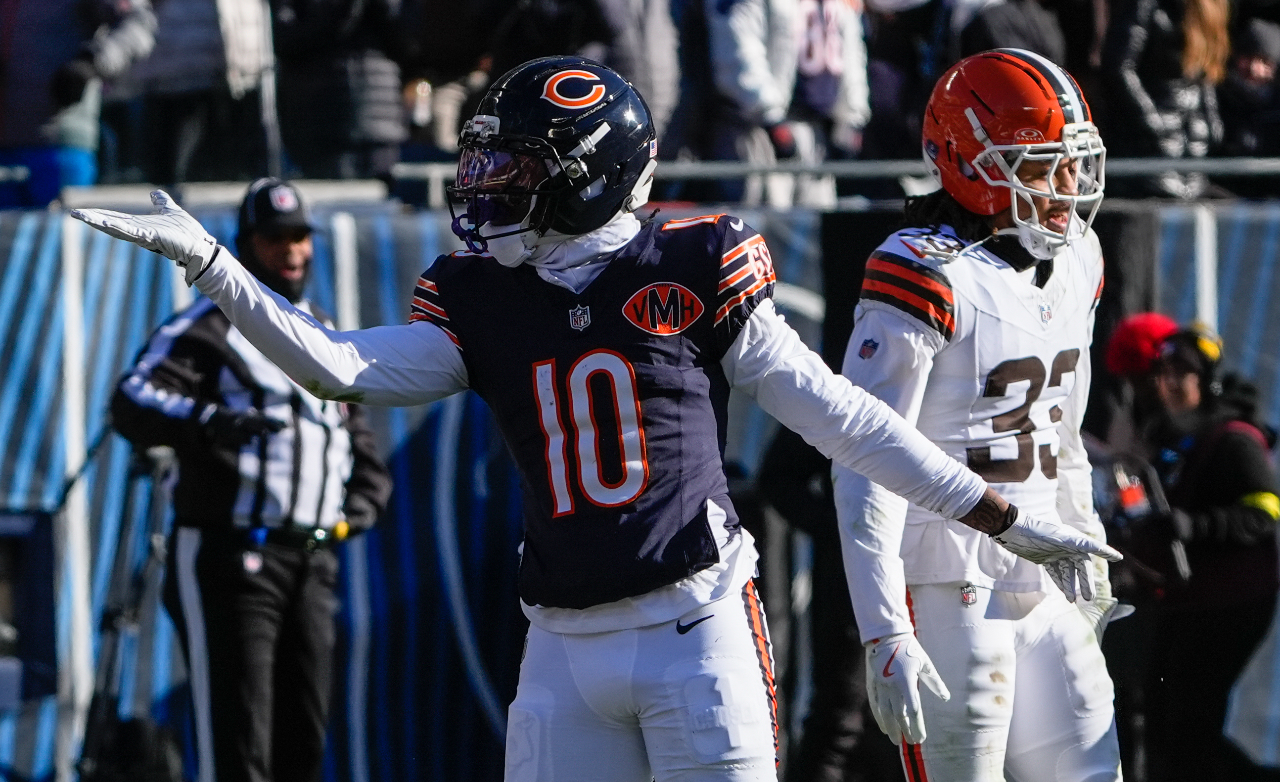 Chicago Bears wide receiver Luther Burden III (10) celebrates after a first down as we look at our anytime touchdown scorer predictions for Sunday Night Football