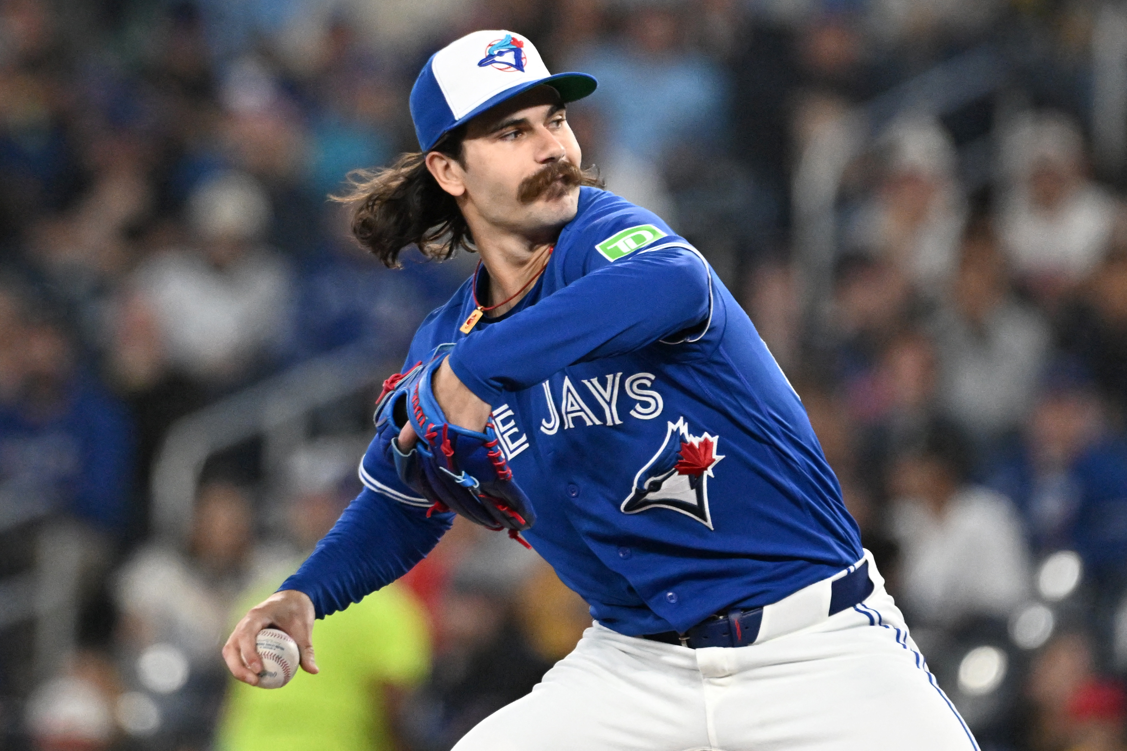 Toronto Blue Jays starting pitcher Dylan Cease (84) delivers a pitch as we break down the Mariners vs. Blue Jays win probability.