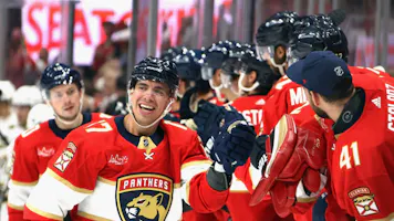 Evan Rodrigues #17 of the Florida Panthers celebrates his first period goal against the Boston Bruins as we make our best NHL prop bets for Thursday's action. 
