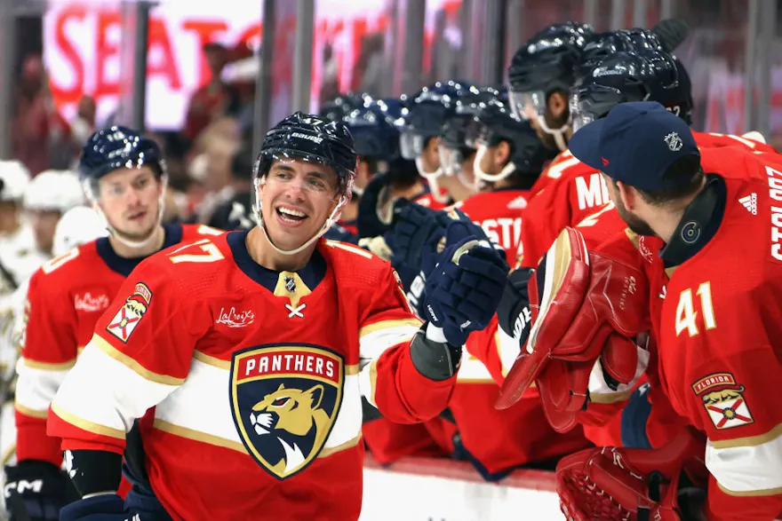 Evan Rodrigues #17 of the Florida Panthers celebrates his first period goal against the Boston Bruins as we make our best NHL prop bets for Thursday's action. 