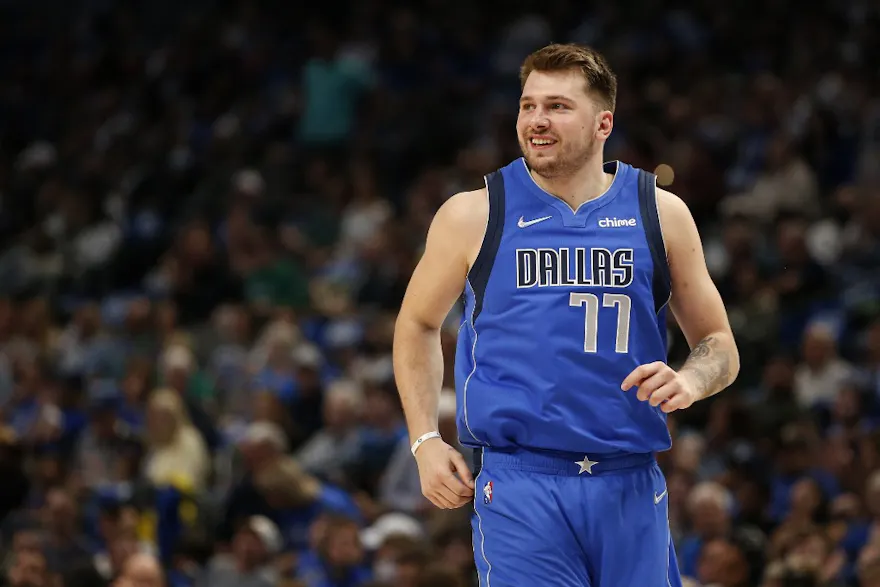 Luka Doncic of the Dallas Mavericks reacts after making a basket in the second half against the San Antonio Spurs at American Airlines Center on April 10, 2022 in Dallas, Texas. Photo by Tim Heitman Getty Images via AFP.