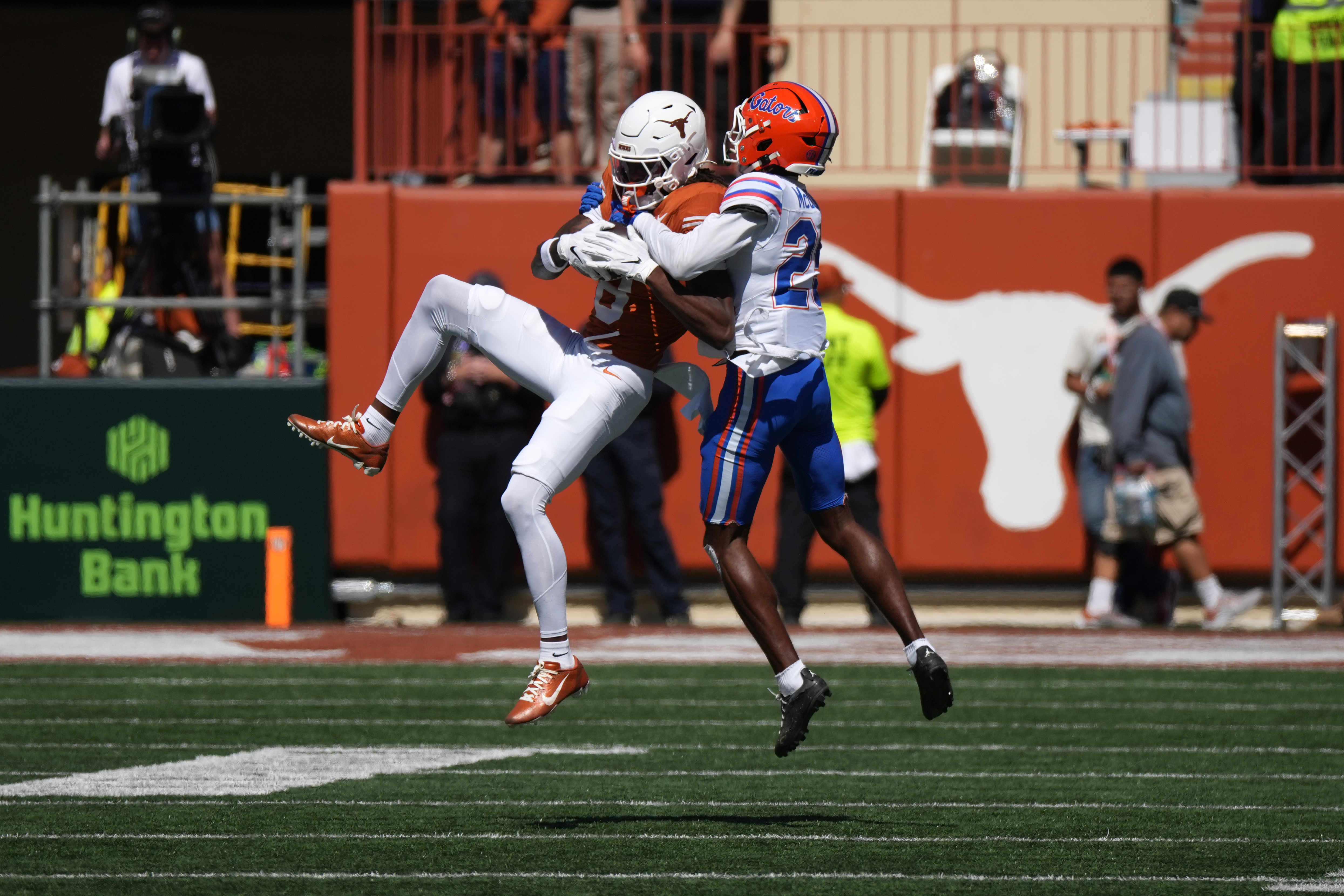 Texas Longhorns wide receiver Cam Coleman (8) makes a catch as he is featured in our Ole Miss vs. Texas touchdown pick.