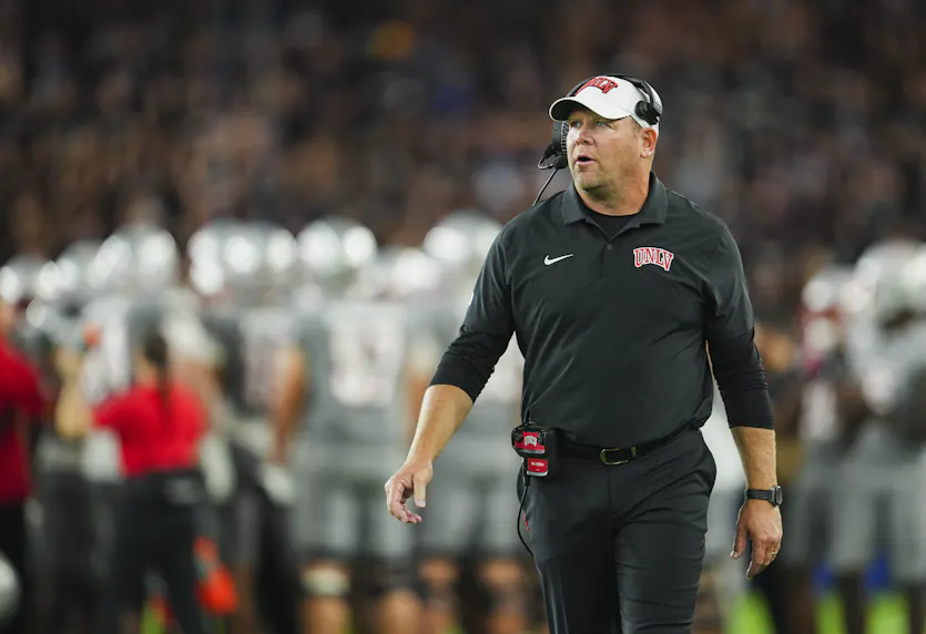 UNLV Rebels head coach Barry Odom reacts during the second half against the Kansas Jayhawks as we offer our UNLV vs. Utah State prediction.