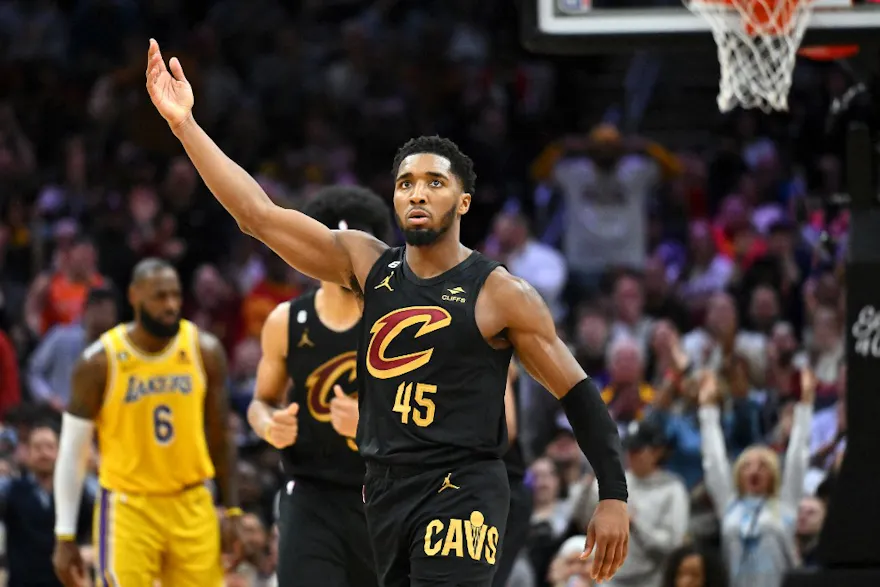 Donovan Mitchell of the Cleveland Cavaliers celebrates during the fourth quarter against the Los Angeles Lakers.