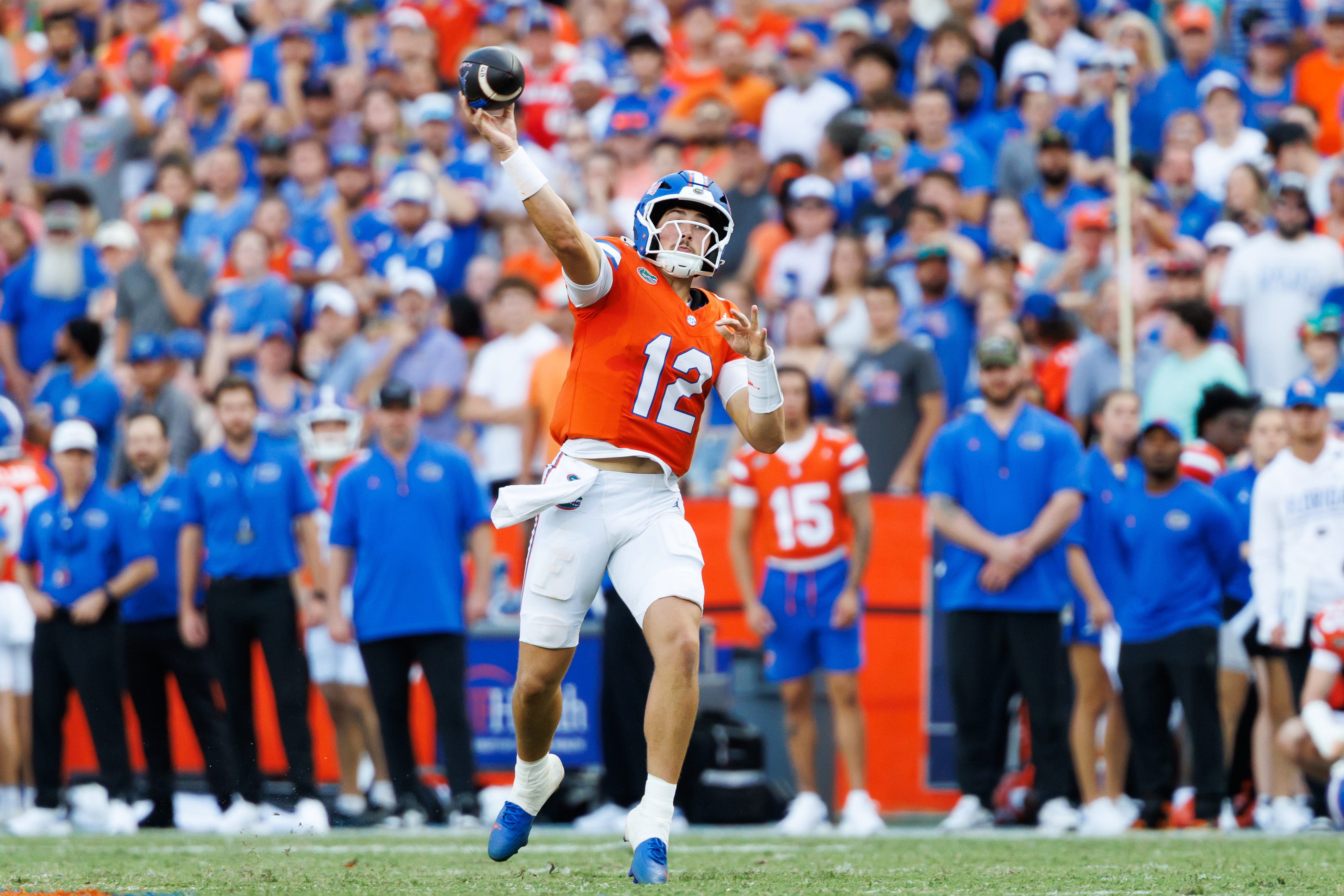 Pictured: Florida QB Aaron Philo, who is featured in our College Football Player Props for Week 4. Photo by Matt Pendleton-Imagn Images. 