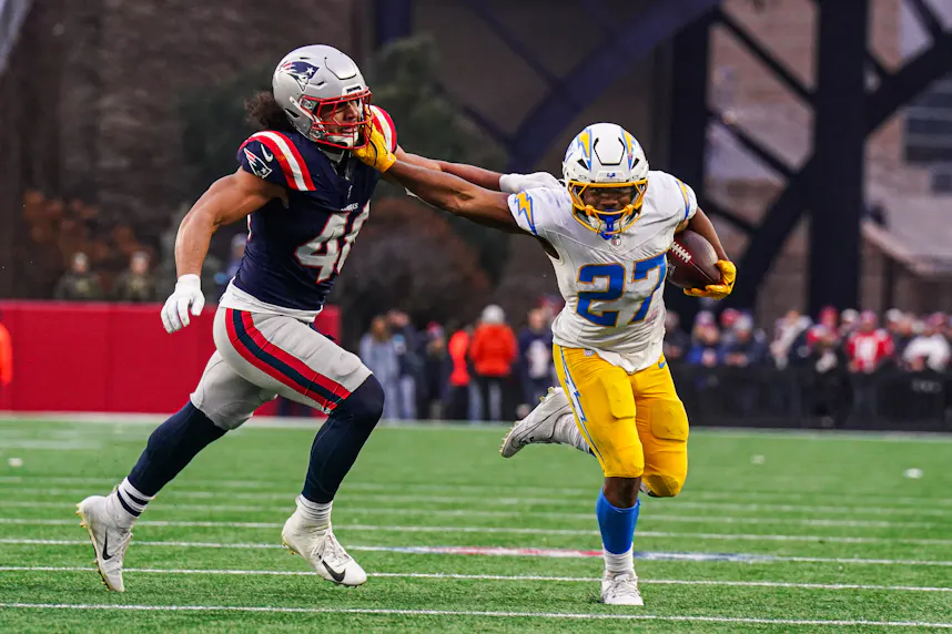 Los Angeles Chargers running back J.K. Dobbins runs the ball against the New England Patriots, and he headlines our best Chargers vs. Texans touchdown picks.
