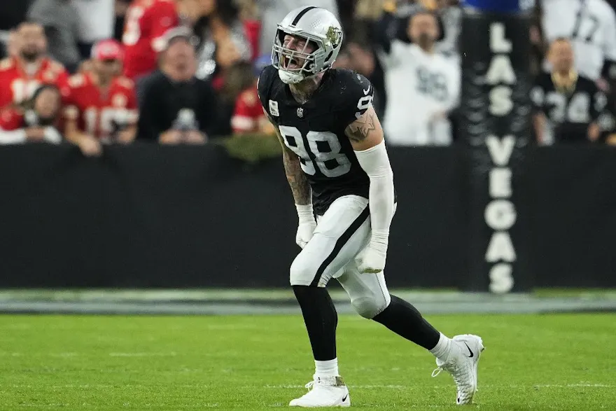 Maxx Crosby of the Las Vegas Raiders reacts as we look at our best Chargers vs. Raiders prediction.