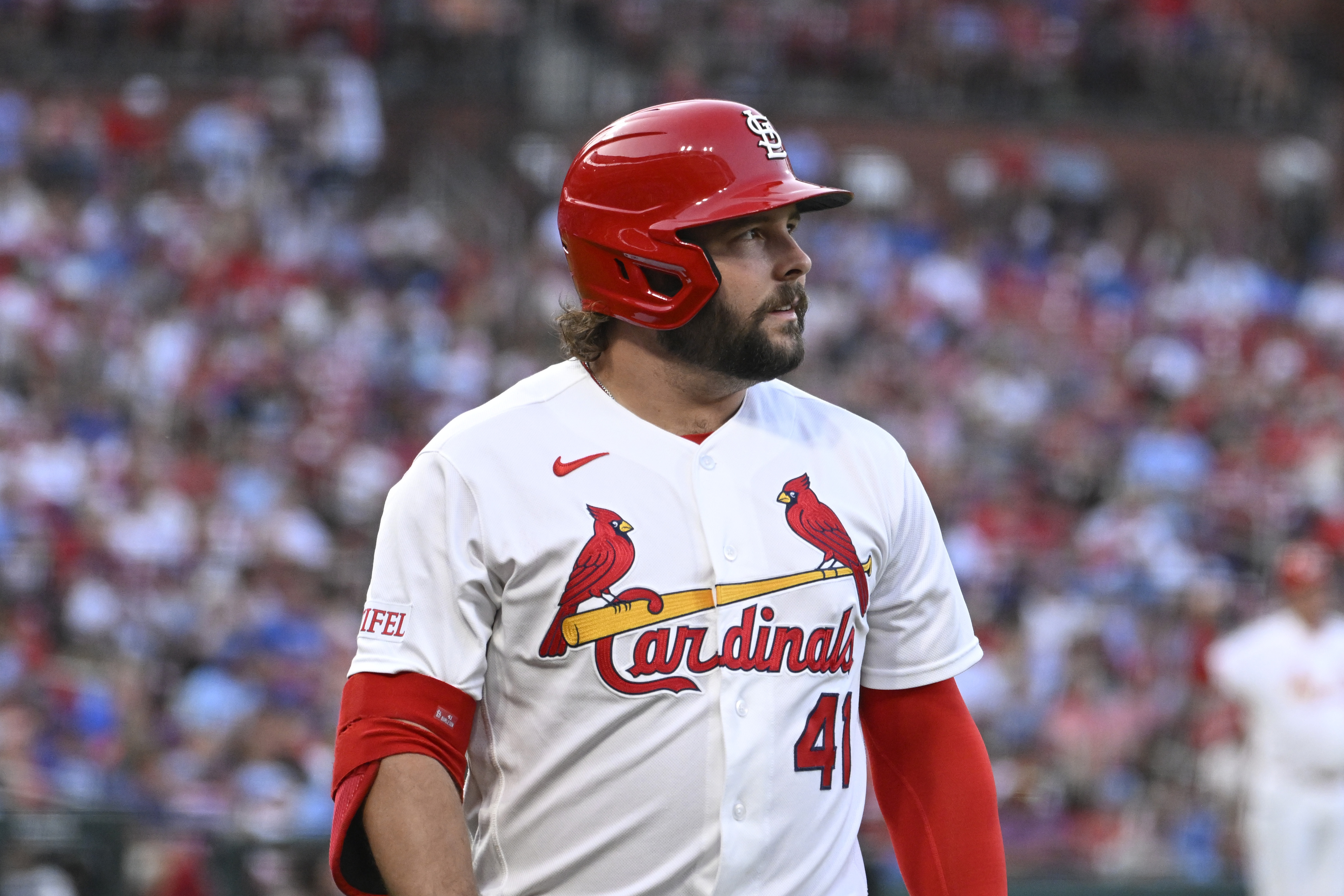 St. Louis Cardinals first baseman Alec Burleson (41) looks on as we break down our home run predictions today.