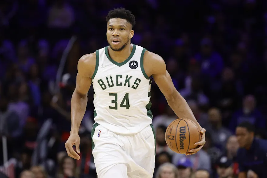 Giannis Antetokounmpo of the Milwaukee Bucks dribbles against the Philadelphia 76ers at Wells Fargo Center. 