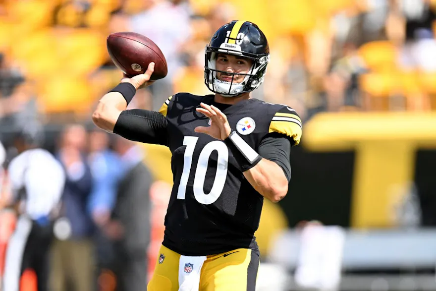 Mitch Trubisky of the Pittsburgh Steelers warms up before a game against the New England Patriots at Acrisure Stadium.