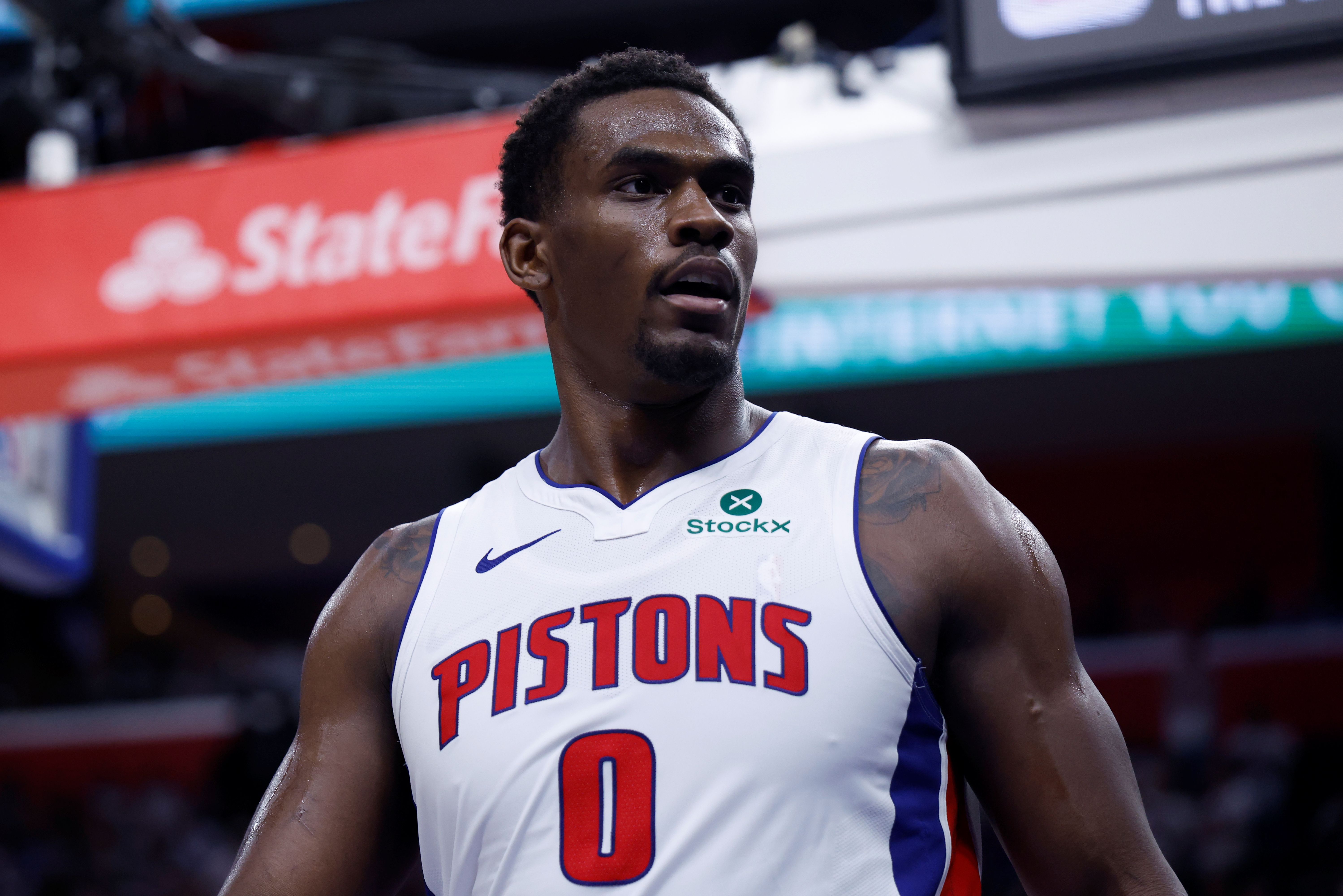 Detroit Pistons center Jalen Duren (0) reacts as we break down our Cavaliers vs. Pistons player props for Game 5 today.