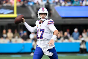 Buffalo Bills quarterback Josh Allen - who's featured in our NFL player props for Week 9 - looks to pass.