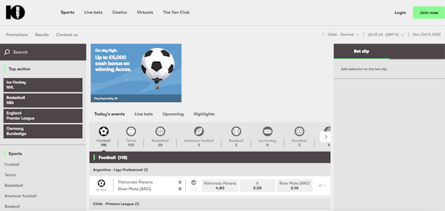 10bet Sportsbook home page<br>